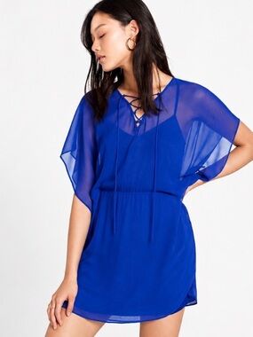Express Royal Blue Sheer Chiffon Caftan Dress  | Beach Resort Mini